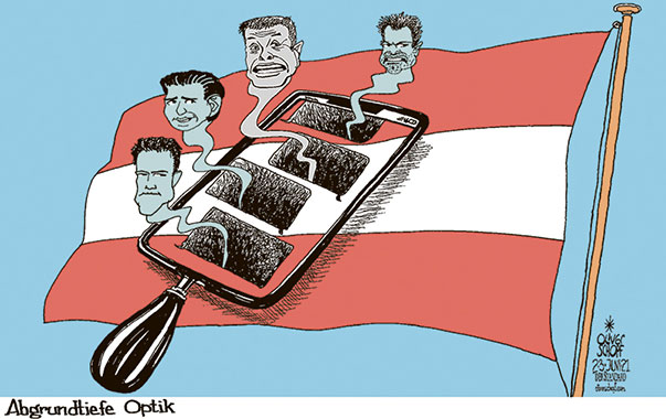 Oliver Schopf, politischer Karikaturist aus Österreich, politische Karikaturen aus Österreich, Karikatur Cartoon Illustrationen Politik Politiker Österreich 2021: CHATS KORRUPTION WIRTSCHAFTS- UND KORRUPTIONSSTAATSANWALTSCHAFT WKStA PILNACEK THOMAS SCHMID HANDY PÖBEL BRENNGLAS ABGRÜNDE TIEFBLICKE 
