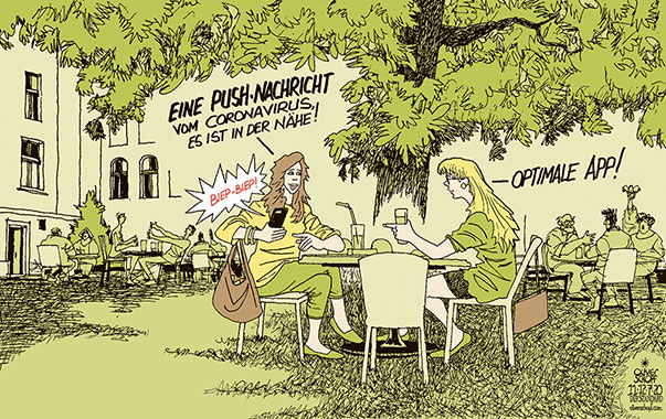  Oliver Schopf, politischer Karikaturist aus Österreich, politische Karikaturen, Illustrationen Archiv politische Karikatur Österreich 2020: CORONAVIRUS KRISE SARS-COV-2 COVID-19 CORONA APP SMARTPHONE TRACKING GASTGARTEN PUSH NACHRICHT SMS MESSAGE 
