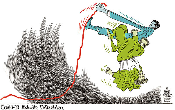 Oliver Schopf, politischer Karikaturist aus Österreich, politische Karikaturen aus Österreich, Karikatur Cartoon Illustrationen Politik Politiker Österreich 2020: CORONAVIRUS KRISE SARS-COV-2 COVID-19 FALLZAHLEN REGIERUNG KOALITION TÜRKIS GRÜN KURZ KOGLER ANSCHOBER STATISTIK KURVE DRÜCKEN ABFLACHEN

