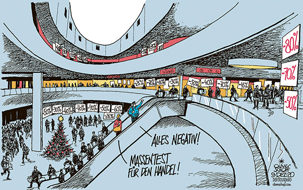 Oliver Schopf, politischer Karikaturist aus Österreich, politische Karikaturen aus Österreich, Karikatur Cartoon Illustrationen Politik Politiker Österreich 2020: CORONAVIRUS KRISE SARS-CoV-2 COVID-19 LOCKDOWN II LOCKERUNG HANDEL GESCHÄFTE ÖFFNUNG WEIHNACHTSGESCHÄFT RABATTE RABATTSCHLACHT NEGATIV MASSENTEST SHOPPING MALL WIEN MITTE

