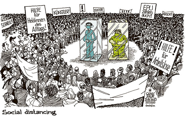 Oliver Schopf, politischer Karikaturist aus Österreich, politische Karikaturen aus Österreich, Karikatur Cartoon Illustrationen Politik Politiker Österreich 2020 : CORONAVIRUS KRISE REGIERUNG KOALITION TÜRKIS GRÜN KURZ KOGLER GELD FINANZIELLE UNTERSTÜTZUNG PRESSEKONFERENZ ANKÜNDIGUNG PLEXIGLAS MUNDSCHUTZ UMZINGELT SOCIAL DISTANCING
