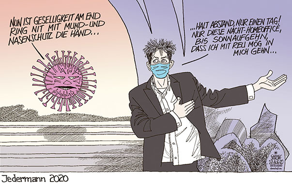  Oliver Schopf, politischer Karikaturist aus Österreich, politische Karikaturen, Illustrationen Archiv politische Karikatur Österreich: Kunst und Kultur 
2018  SALZBURGER FESTSPIELE 100 JAHRE CORONAVIRUS KRISE SARS-COV-2 COVID-19 JEDERMANN TOD TOBIAS MORETTI TEXT HUGO VON HOFMANNSTHAL DOMPLATZ 

