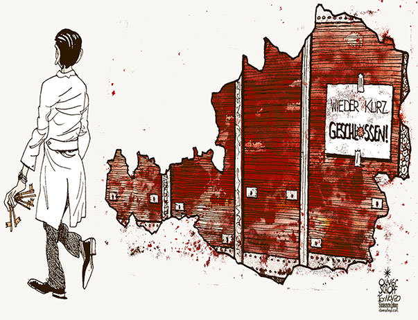 Oliver Schopf, politischer Karikaturist aus Österreich, politische Karikaturen aus Österreich, Karikatur Cartoon Illustrationen Politik Politiker Österreich Süddeutsche Zeitung, Seite 4, 2020: CORONAVIRUS KRISE SARS-CoV-2 COVID-19 LOCKDOWN 2 SEBASTIAN KURZ GESCHÄFT HANDEL ROLLLADEN LADENSCHLUSS GESCHÄFTSSCHLUSS SCHLIESSEN KAUFMANN SPERRSTUNDE 

