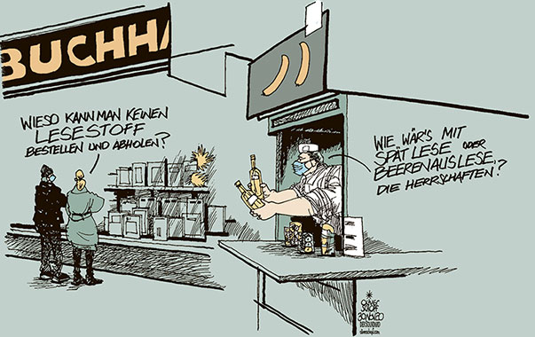 Oliver Schopf, politischer Karikaturist aus Österreich, politische Karikaturen aus Österreich, Karikatur Cartoon Illustrationen Politik Politiker Österreich 2020: CORONAVIRUS KRISE SARS-CoV-2 COVID-19 WÜRSTELSTAND BUCHHANDLUNG ESSEN MITNEHMEN LOCKDOWN 2 FOOD TO GO LESESTOFF SPÄTLESE BEERENAUSLESE 

