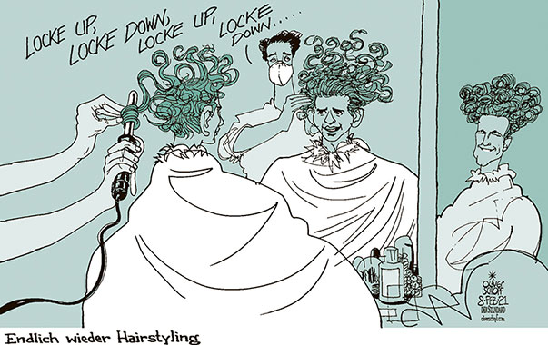  Oliver Schopf, politischer Karikaturist aus Österreich, politische Karikaturen aus Österreich, Karikatur Cartoon Illustrationen Politik Politiker Österreich 2021: CORONAVIRUS KRISE SARS-CoV-2 COVID-19 LOCKDOWN LOCKERUNG FRISEURE ÖFFNUNG HAIRSTYLING FRISUR LOCKEN LOCKE ONDULIEREN SEBASTIAN KURZ GERNOT BLÜMEL
