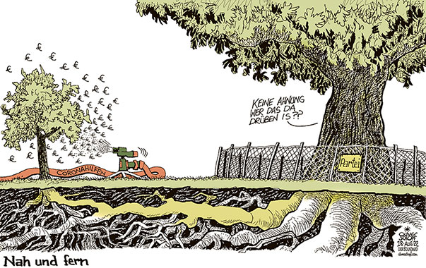Oliver Schopf, politischer Karikaturist aus Österreich, politische Karikaturen aus Österreich, Karikatur Cartoon Illustrationen Politik Politiker Österreich 2022: CORONAVIRUS PANDEMIE SARS-CoV-2 COVID-19 CORONAHILFEN REGIERUNG ORGANISATIONEN PARTEINAH PARTEI BAUM ZAUN GARTENSCHLAUCH BEWÄSSERUNG WURZELN NAH FERN






