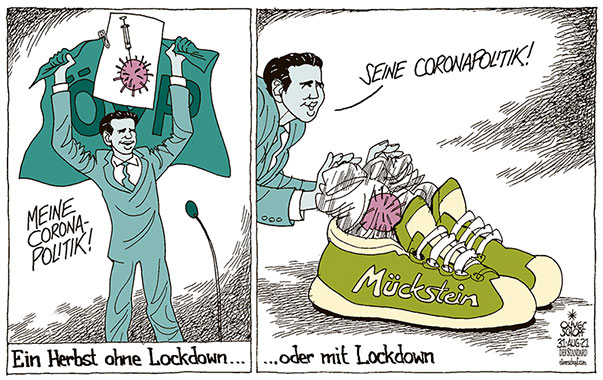 Oliver Schopf, politischer Karikaturist aus Österreich, politische Karikaturen aus Österreich, Karikatur Cartoon Illustrationen Politik Politiker Österreich 2021: CORONA VIRUS SARS-CoV-2 COVID-19 PANDEMIE POLITIK SEBASTIAN KURZ WOLFGANG MÜCKSTEIN HERBST LOCKDOWN INSZENIERUNG SHOW TURNSCHUHE IN DIE SCHUHE SCHIEBEN 

