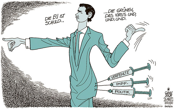 Oliver Schopf, politischer Karikaturist aus Österreich, politische Karikaturen aus Österreich, Karikatur Cartoon Illustrationen Politik Politiker Österreich 2021: CORONAVIRUS KRISE SARS-CoV-2 COVID-19 IMPFEN IMPFSTOFF POLITIK SEBASTIAN KURZ SCHULDZUWEISUNG SPRITZEN EU DIE GRÜNEN KOALITION STREIT VERFEHLUNGEN
