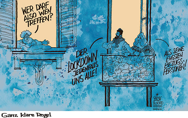 Oliver Schopf, politischer Karikaturist aus Österreich, politische Karikaturen aus Österreich, Karikatur Cartoon Illustrationen Politik Politiker Österreich 2020  : CORONAVIRUS KRISE SARS-CoV-2 COVID-19 LOCKDOWN 2 BEGEGNUNGEN TREFFEN BEZUGSPERSONEN AUSGANGSBESCHRÄNKUNG ZU HAUSE BLEIBEN HOMEOFFICE KLARE REGEL

