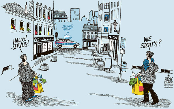  Oliver Schopf, politischer Karikaturist aus Österreich, politische Karikaturen, Illustrationen Archiv politische Karikatur Österreich: 2020: DER STANDARD SÜDDEUTSCHE ZEITUNG 2020: CORONAVIRUS SARS COV-2 COVID-19 VERSAMMLUNGSVERBOT POLIZEI ÜBERWACHUNG AUSGEHVERBOT AUSGANGSSPERRE EINKAUFEN MINDESTABSTAND HANDY TELEFONIEREN KOMMUNIKATION QUARANTÄNE LEERE STRASSEN 
