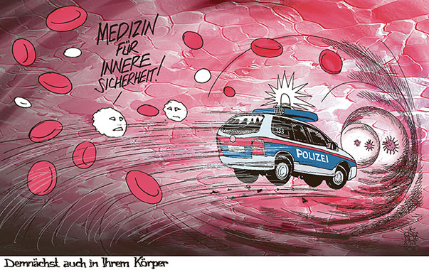  Oliver Schopf, politischer Karikaturist aus Österreich, politische Karikaturen, Illustrationen Archiv politische Karikatur Österreich: Polizei und Sicherheit 2020 CORONAVIRUS KRISE SARS-COV-2 COVID-19 POLIZEI INNERE SICHERHEIT ÜBERPRÜFEN SYMPTOME VERDACHTSFÄLLE BLUTBAHN LEUKOZYTEN ERYTHROZYTEN VERFOLGUNG BLAULICHT HÄMOGLOBIN 

