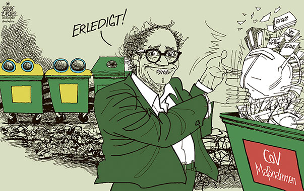 Oliver Schopf, politischer Karikaturist aus Österreich, politische Karikaturen aus Österreich, Karikatur Cartoon Illustrationen Politik Politiker Österreich 2023: CORONAVIRUS PANDEMIE SARS-CoV-2 COVID-19 JOHANNES RAUCH GESUNDHEITSMINISTER MASSNAHMEN VERORDNUNGEN ERLASS ENTSORGEN MÜLLTRENNUNG CONTAINER ERLEDIGT
