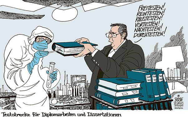 Regierung Kurz-Kogler 2020- - Die mangelnde Qualität der Diplomarbeit und der Dissertation von Arbeitsministerin Christine Aschbacher führt zu ihrem Rücktritt.
</span>
Oliver Schopf, politischer Karikaturist aus Österreich, politische Karikaturen, Illustrationen Archiv politische Karikatur Österreich Regierung Kurz-Kogler 2021
ASCHBACHER ARBEITSMINISTERIN DIPLOMARBEIT DISSERTATION RÜCKTRITT CORONA TEST PRÜFUNG FREITESTEN REINTESTEN LABOR