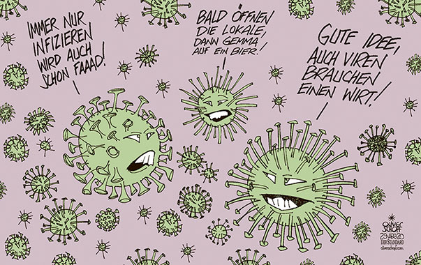  Oliver Schopf, politischer Karikaturist aus Österreich, politische Karikaturen, Illustrationen Archiv politische Karikatur Österreich 2020: CORONAVIRUS KRISE  SARS-COV-2 COVID-19 VIRUS WIRT AUSGANGSBESCHRÄNKUNGEN GASTWIRTE LOKALE RESTAURANTS HOTELS ÖFFNUNG BIER TRINKEN FAD 
