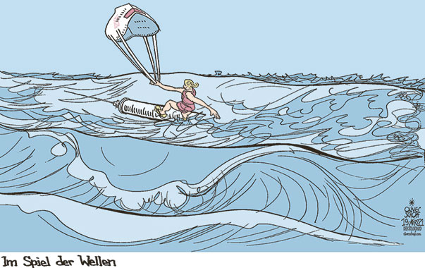  Oliver Schopf, politischer Karikaturist aus Österreich, politische Karikaturen, Illustrationen Archiv politische Karikatur Österreich 2021: CORONAVIRUS KRISE SARS-CoV-2 COVID-19 DRITTE WELLE SURFEN KITESURFEN GLEITSURFEN FFP2 MASKE 
