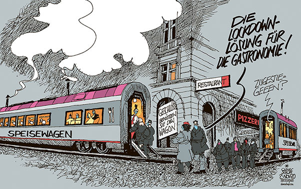 Oliver Schopf, politischer Karikaturist aus Österreich, politische Karikaturen aus Österreich, Karikatur Cartoon Illustrationen Politik Politiker Österreich 2020  : CORONAVIRUS KRISE SARS-CoV-2 COVID-19 LOCKDOWN HERBST GASTRONOMIE WIRTE RESTAURANTS PIZZERIA BAHN ZUG SPEISEWAGEN AUSGANGSBESCHRÄNKUNG HOTEL REGINA RESTAURANT ROTH


