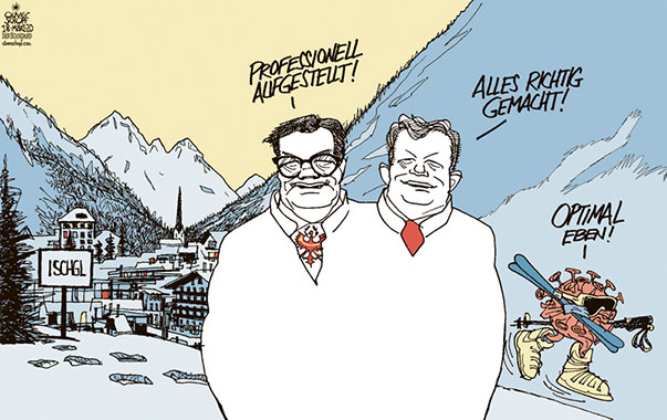  Oliver Schopf, politischer Karikaturist aus Österreich, politische Karikaturen, Illustrationen Archiv politische Karikatur Österreich 2020: TIROL ISCHGL CORONAVIRUS COV-2 COVID-19 GÜNTHER PLATTER BERNHARD TILG INFIZIERUNG ABSPERRUNG QUARANTÄNE SCHIFAHREN SCHIGEBIET ALLES RICHTIG GEMACHT   
