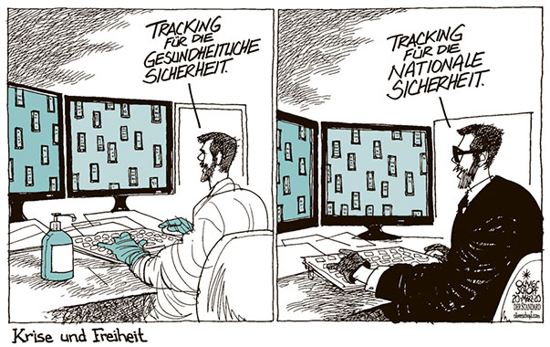  Oliver Schopf, politischer Karikaturist aus Österreich, politische Karikaturen, Illustrationen Archiv politische Karikatur Österreich: 2020: CORONAVIRUS COV-2 COVID-19 MOBILFUNK BETREIBER HANDY BEWEGUNGEN MASSENÜBERWACHUNG TRACKING NATIONALE SICHERHEIT