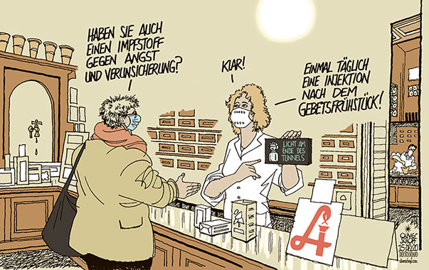  Oliver Schopf, politischer Karikaturist aus Österreich, politische Karikaturen, Illustrationen Archiv politische Karikatur Österreich 2020: CORONAVIRUS KRISE SARS-CoV-2 COVID-19 IMPFUNG IMPFSTOFF IMPFEN ANGST VERUNSICHERUNG APOTHEKE MEDIKAMENT SEBASTIAN KURZ LICHT AM ENDE DES TUNNELS GEBETSFRÜHSTÜCK

