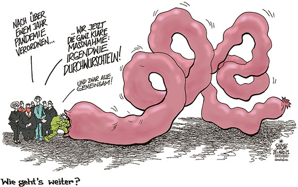  Oliver Schopf, politischer Karikaturist aus Österreich, politische Karikaturen aus Österreich, Karikatur Cartoon Illustrationen Politik Politiker Österreich 2021: CORONAVIRUS KRISE SARS-CoV-2 COVID-19 MASSNAHMEN VERORDNUNGEN OSTERRUHE LOCKDOWN WIEN NIEDERÖSTERREICH BURGENLAND LUDWIG MIKL-LEITNER DOSKOZIL KURZ ANSCHOBER BUND LÄNDER LANDESHAUPTLEUTE CHAOS WURST WURSCHT DURCHWURSCHTELN
