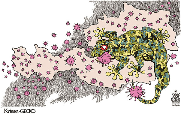 Oliver Schopf, politischer Karikaturist aus Österreich, politische Karikaturen aus Österreich, Karikatur Cartoon Illustrationen Politik Politiker Österreich 2021: CORONAVIRUS PANDEMIE SARS-CoV-2 COVID-19 OMIKRON GECKO GESAMTSTAATLICHE CORONAKRISENKOORDINATION LANDKARTE STAATSGEBIET BUNDESHEER KLEBEN




