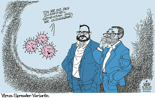  Oliver Schopf, politischer Karikaturist aus Österreich, politische Karikaturen, Illustrationen Archiv politische Karikatur Österreich: Parteien FPÖ 2021 CORONAVIRUS KRISE SARS-CoV-2 COVID-19 FPÖ CHRISTIAN HAFENENCKER HERBERT KICKL CORONATEST POSITIV PARLAMENT SUPERSPREADER DELTA-VARIANTE
