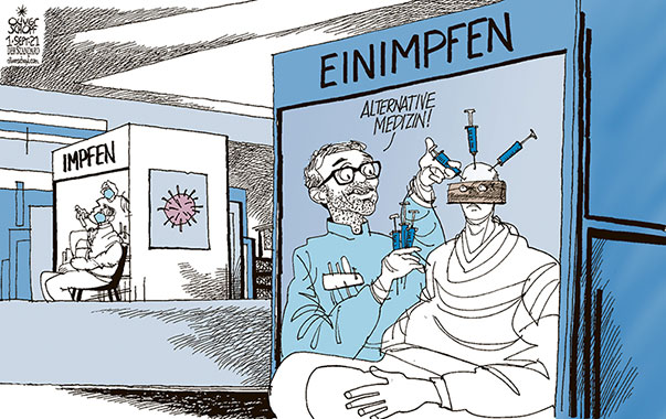  Oliver Schopf, politischer Karikaturist aus Österreich, politische Karikaturen, Illustrationen Archiv politische Karikatur Österreich  2021 CORONA VIRUS SARS-CoV-2 COVID-19 PANDEMIE IMPFEN HERBERT KICKL EINIMPFEN IMPFGEGNER SPRITZE KOPF MANIPULATION ALTERNATIVE MEDIZIN FPÖ BRETT VORM KOPF IMPFZENTRUM
