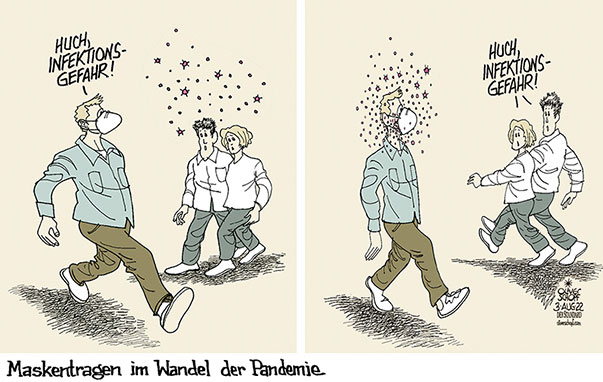 Oliver Schopf, politischer Karikaturist aus Österreich, politische Karikaturen aus Österreich, Karikatur Cartoon Illustrationen Politik Politiker Österreich 2022: CORONAVIRUS PANDEMIE SARS-CoV-2 COVID-19 MASKE MASKENTRAGEN INFEKTION WANDEL SCHUTZ ANSTECKUNG QUARANTÄNE-AUS





