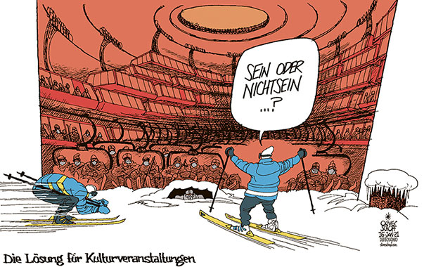  Oliver Schopf, politischer Karikaturist aus Österreich, politische Karikaturen, Illustrationen Archiv politische Karikatur Österreich 2021: CORONAVIRUS KRISE SARS-CoV-2 COVID-19 KULTUR VERANSTALTUNGEN THEATER OPER KABARETT LOCKDOWN ÖFFNUNG SKIFAHREN SKILIFT SESSELLIFT GONDELBAHN SHAKESPESARE HAMLET SEIN ODER NICHTSEIN BÜHNE
