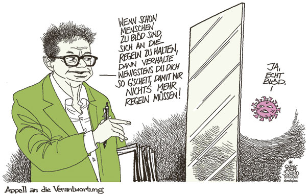 Oliver Schopf, politischer Karikaturist aus Österreich, politische Karikaturen aus Österreich, Karikatur Cartoon Illustrationen Politik Politiker Österreich 2020 : CORONAVIRUS KRISE SARS-COV-2 COVID-19 OBERÖSTERREICH CLUSTER INFEKTIONEN VERANTWORTUNG GESUNDHEITSMINISTER RUDI ANSCHOBER REGELN 
