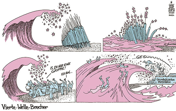  Oliver Schopf, politischer Karikaturist aus Österreich, politische Karikaturen, Illustrationen Archiv politische Karikatur Österreich 2021: CORONAVIRUS PANDEMIE SARS-CoV-2 COVID-19 VIERTE WELLE IMPFEN GEIMPFT UNGEIMPFT IMPFSKEPTIKER LEUGNER WELLENBRECHER ICH BIN GESUND INTENSIVSTATION 

