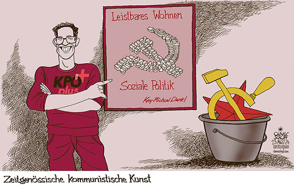 Oliver Schopf, politischer Karikaturist aus Österreich, politische Karikaturen aus Österreich, Karikatur Cartoon Illustrationen Politik Politiker Österreich 2024: SALZBURG GEMEINDERATSWAHLEN KPÖ PLUS KAY-MICHAEL DANKL KOMMUNISMUS HAMMER UND SICHEL ROTER STERN LEISTBARES WOHNEN SOZIALE POLITIK KUNST BILD GEMÄLDE MISTKÜBEL ABFALL MIST



















