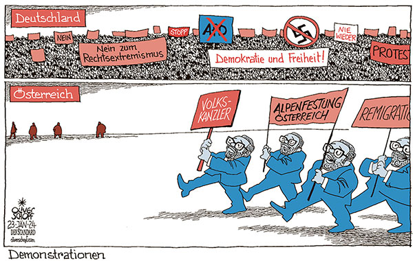 Oliver Schopf, politischer Karikaturist aus Österreich, politische Karikaturen aus Österreich, Karikatur Cartoon Illustrationen Politik Politiker Österreich 2024: MASSENDEMOS DEMONSTRATIONEN RECHTSEXTREM AFD FPÖ HERBERT KICKL NAZI
 