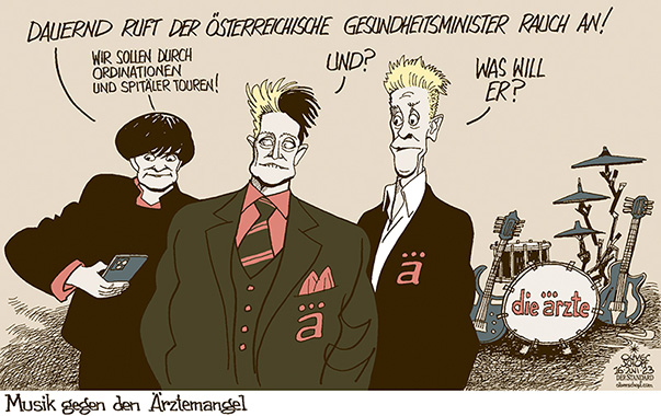 Oliver Schopf, politischer Karikaturist aus Österreich, politische Karikaturen aus Österreich, Karikatur Cartoon Illustrationen Politik Politiker Österreich 2023: ÄRZTEMANGEL SPITAL KRANKENHAUS ORDINATIONEN MUSIK DIE ÄRZTE BAND ROCK POP PUNK RODRIGO GONZÁLEZ BELA B FARIN URLAUB 
       