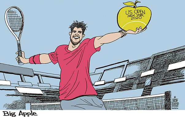 Oliver Schopf, editorial cartoons from Austria, cartoonist from Austria, Austrian illustrations, illustrator from Austria, editorial cartoon politics politician Austria, Cartoon Arts International, 2020: TENNIS DOMINIC THIEM US OPEN GRAND SLAM NEW YORK FLUSHING MEADOWS MAJOR WINNER BIG APPLE  

