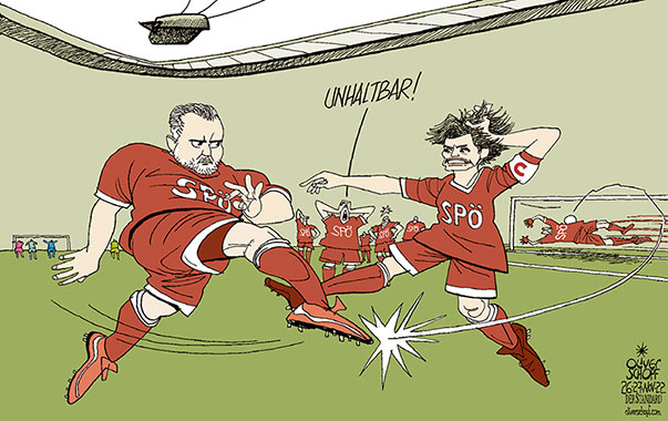 Oliver Schopf, politischer Karikaturist aus Österreich, politische Karikaturen aus Österreich, Karikatur Cartoon Illustrationen Politik Politiker Österreich 2022: SPÖ RENDI-WAGNER HANS-PETER DOSKOZIL FUSSBALL STADIO RASEN EIGENTOR UNHALTBAR PERSONALDEBATTE UMFRAGE STREIT FOUL 
