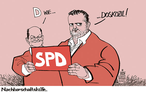  Oliver Schopf, politischer Karikaturist aus Österreich, politische Karikaturen, Illustrationen Archiv politische Karikatur Deutschland 
2020 SPÖ SPD HANS PETER DOSKOZIL BURGENLAND LANDESHAUPTMANN  OLAF SCHOLZ BUNDESFINANZMINISTER BERATUNG NACHBARN NACHBARSCHAFTSHILFE ROT
