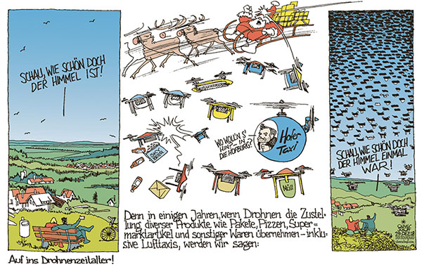  Oliver Schopf, politischer Karikaturist aus Österreich, politische Karikaturen, Illustrationen Archiv politische Karikatur Österreich 2018 DROHEN LUFTTAXI HOFER ZUSTELLUNG PAKETE PIZZADIENST SUPERMARKT HIMMEL FREIE SICHT WEIHNACHTSMANN SCHLITTEN
