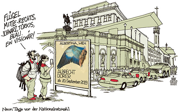Oliver Schopf, politischer Karikaturist aus Österreich, politische Karikaturen aus Österreich, Karikatur Cartoon Illustrationen Politik Politiker Österreich 2019 : WIEN ALBERTINAPLATZ ALBERTINA GRAPHISCHE SAMMLUNG ALBRECHT DÜRER AUSSTELLUNG PLAKAT BLAURACKE RECHTER FLÜGEL MITTE RECHTS SCHWARZ TÜRKIS BLAU NATIONALRATSWAHL WÄHLER WÄHLERIN 
