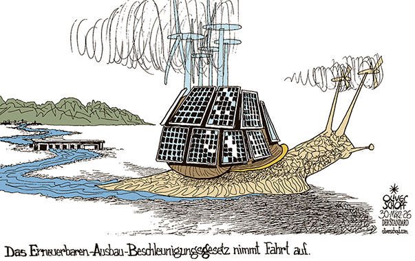 Oliver Schopf, politischer Karikaturist aus Österreich, politische Karikaturen aus Österreich, Karikatur Cartoon Illustrationen Politik Politiker Österreich Cartoon Movement, @oliverschopf.bsky.social 2026: ERNEUERBAREN-AUSBAU-BESCHLEUNIGUNGSGESETZ EABG WINDKRAFT PHOTOVOLTAIK PV WASSERKRAFT SCHNECKE SCHNECKENTEMPO SCHLEIMSPUR KRIECHEN 









































