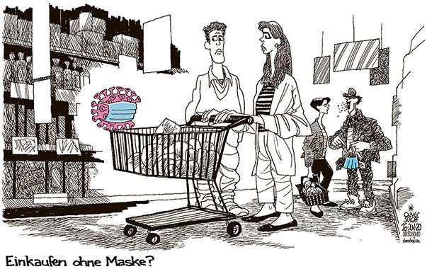 Oliver Schopf, politischer Karikaturist aus Österreich, politische Karikaturen aus Österreich, Karikatur Cartoon Illustrationen Politik Politiker Österreich 2020 : CORONAVIRUS SARS-COV-2 COVID-19 KRISE SUPERMARKT EINKAUFEN OHNE MASKE NASEN MUND SCHUTZ EINKAUFSSACKERL REGALE
