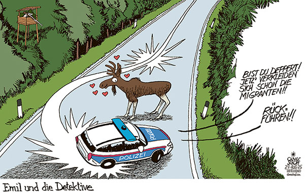 Oliver Schopf, politischer Karikaturist aus Österreich, politische Karikaturen aus Österreich, Karikatur Cartoon Illustrationen Politik Politiker Österreich Cartoon Movement, @oliverschopf.bsky.social 2025: ELCH EMIL UND DIE DETEKTIVE MIGRATION POLIZEI REVIER LEBENSRAUM RÜCKFÜHRUNG HEIMAT JÄGER HOCHSITZ WALD STRASSE 
































