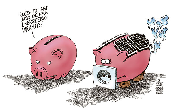 Oliver Schopf, politischer Karikaturist aus Österreich, politische Karikaturen aus Österreich, Karikatur Cartoon Illustrationen Politik Politiker Österreich 2022: UKRAINE KRIEG ENERGIE STROM ÖL GAS PHOTOVLTAIK SONNENPANEELE SPAREN SPARSCHWEIN VARIANTE MUTATION 
