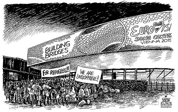 Oliver Schopf, editorial cartoons from Austria, cartoonist from Austria, Austrian illustrations, illustrator from Austria, editorial cartoon politics politician Austria 2015 EUROVISION SONG CONTEST VIENNA 2015 BUILDING BRIDGES REFUGEES ASYLUM UNSTOPPABLE








