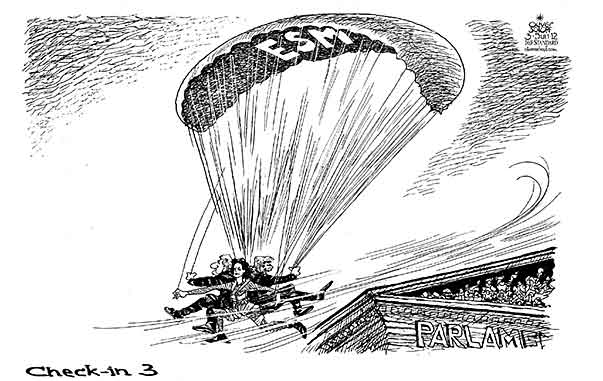 Oliver Schopf, politischer Karikaturist aus Österreich, politische Karikaturen aus Österreich, Karikatur, Illustrationen Politik Politiker Österreich 2012 FAYMANN SPINDELEGGER GLAWISCHNIG ESM PARAGLIDING SCHIRM PARLAMENT CHECK-IN 3