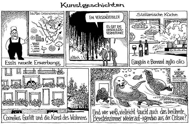 Oliver Schopf, politischer Karikaturist aus Österreich, politische Karikaturen aus Österreich, Karikatur Cartoon Illustrationen Politik Politiker Österreich 2014: KUNST KARLHEINZ ESSL BAUMAX MANN HERMANN NITSCH SCHUETTBILD GAUGUIN BONNARD CORNELIUS GURLITT WOHNUNG BERNSTEINZIMMER SEEHUND  

