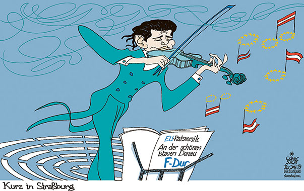 Oliver Schopf, politischer Karikaturist aus Österreich, politische Karikaturen aus Österreich, Karikatur Cartoon Illustrationen Politik Politiker Österreich 2019 : EU PARLAMENT STRASSBURG SEBASTIAN KURZ REDE RATSPRÄSIDENTSCHAFT RESÜMEE WALZER VIOLINE JOHANN STRAUSS AN DER SCHÖNEN BLAUEN DONAU F-DUR
