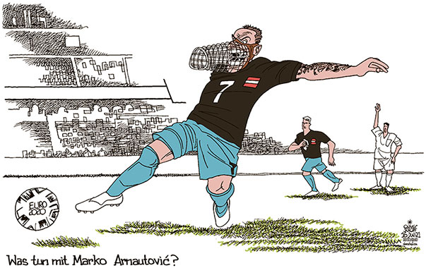  Oliver Schopf, politischer Karikaturist aus Österreich, politische Karikaturen, Illustrationen Archiv politische Karikatur Österreich Sport 2021 FUSSBALL EURO 2020 MARKO ARNAUTOVIC SPERRE BELEIDIGUNG SPIEL NORDMAZEDONIEN MAULKORB BEISSEN ENTSCHULDIGUNG
