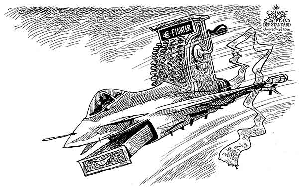 Oliver Schopf, politischer Karikaturist aus Österreich, politische Karikaturen aus Österreich, Karikatur, Illustrationen Politik Politiker Österreich 2010: eurofighter kampfjet registrierkassa rechnung kosten teuer