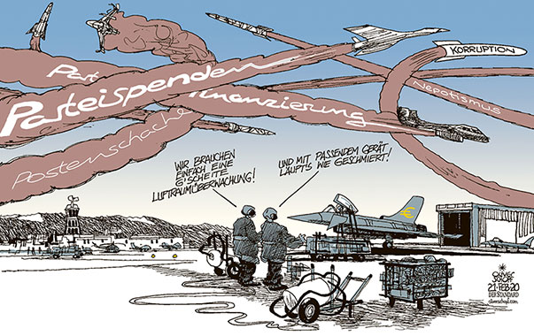 Oliver Schopf, politischer Karikaturist aus Österreich, politische Karikaturen, Illustrationen Archiv politische Karikatur Österreich 2020 KORRUPTION PARTEISPENDEN PARTEIENFINANZIERUNG NEPOTISMUS POSTENSCHACHER EUROFIGHTER AIRBUS SCHMIERGELD LUFTRAUM ÜBERWACHUNG ABFANGJÄGER FLUGHAFEN CHEMTRAIL 
  